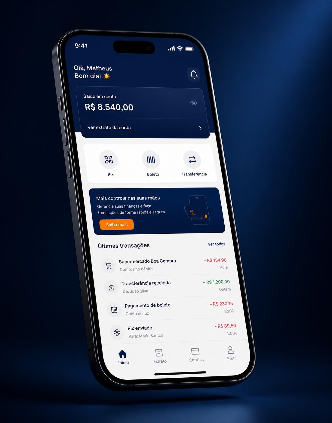 App Monedd Bank exibindo saldo e últimas transações