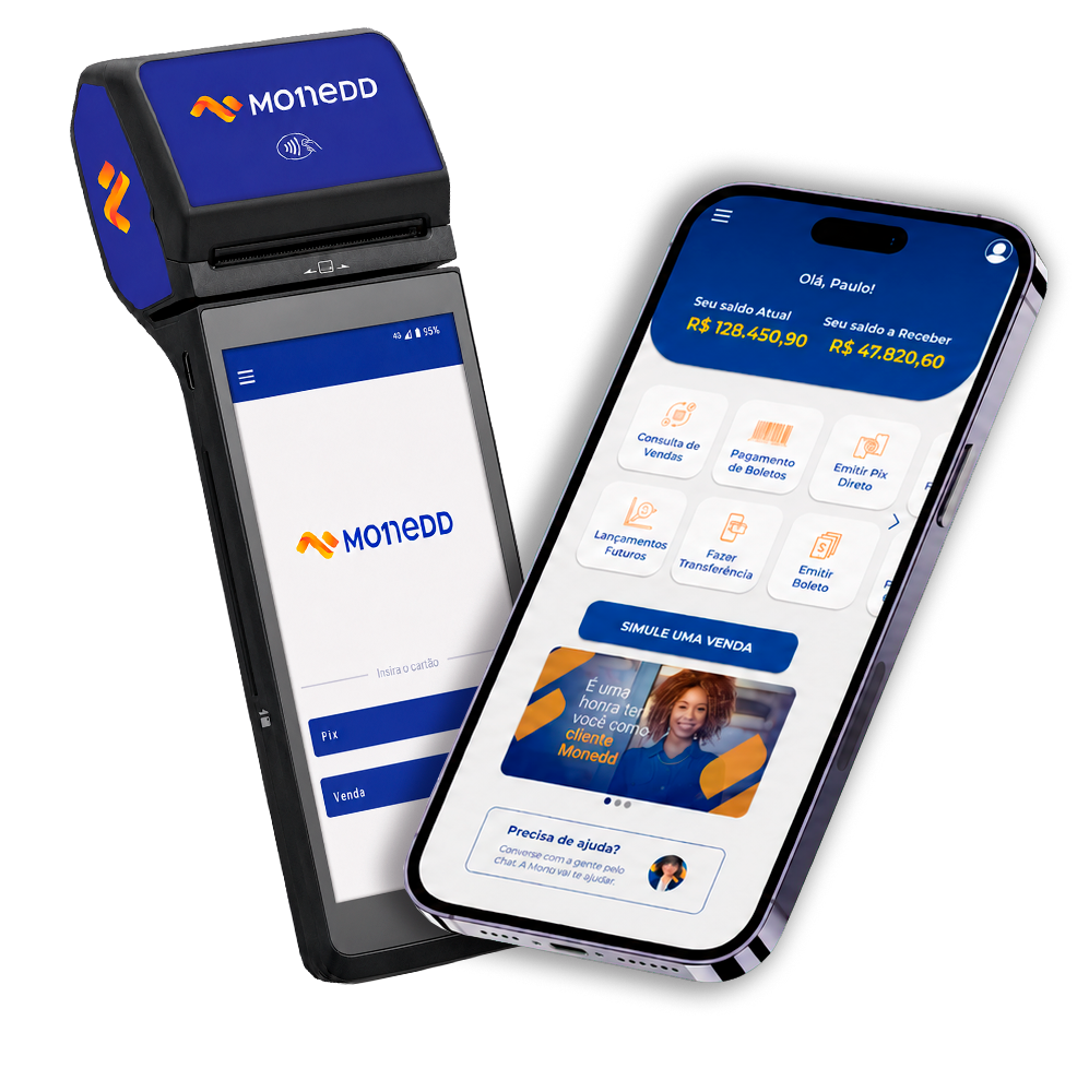 Maquininha Monedd e aplicativo Monedd no smartphone
