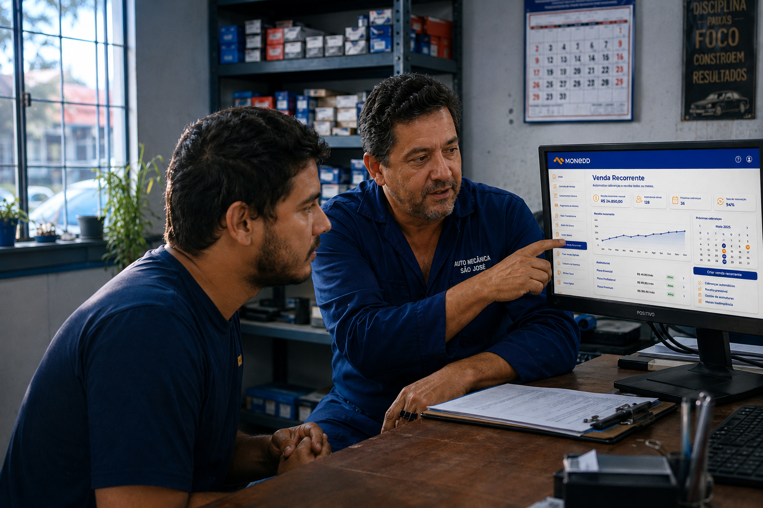 Equipe de oficina acompanhando a venda recorrente no painel Monedd