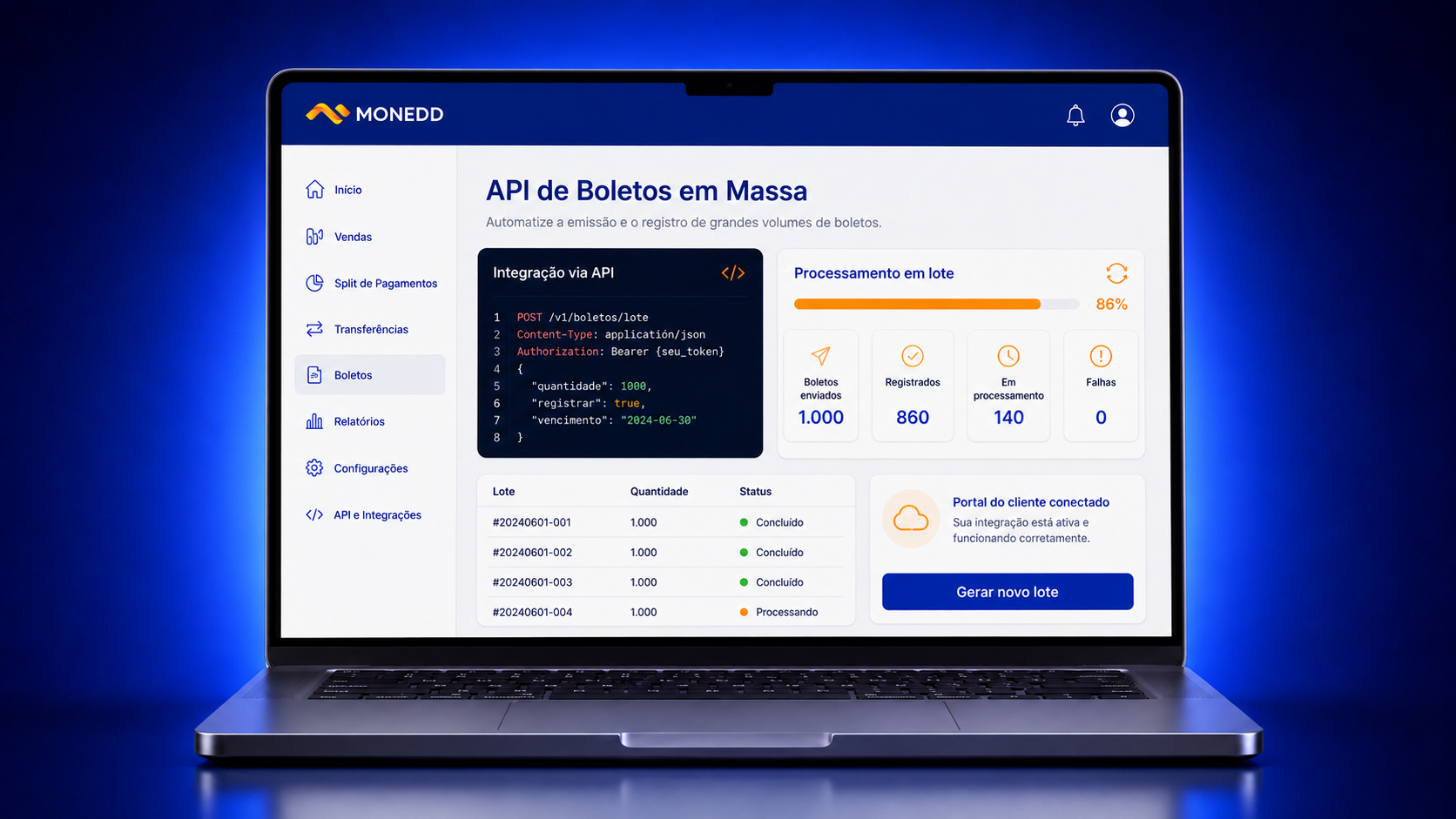 Painel Monedd com lotes de boletos emitidos